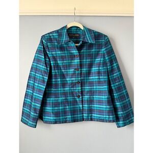Kasper & Company ASL Silk Plaid Blazer Jacket Teal Blue Women's Size 10